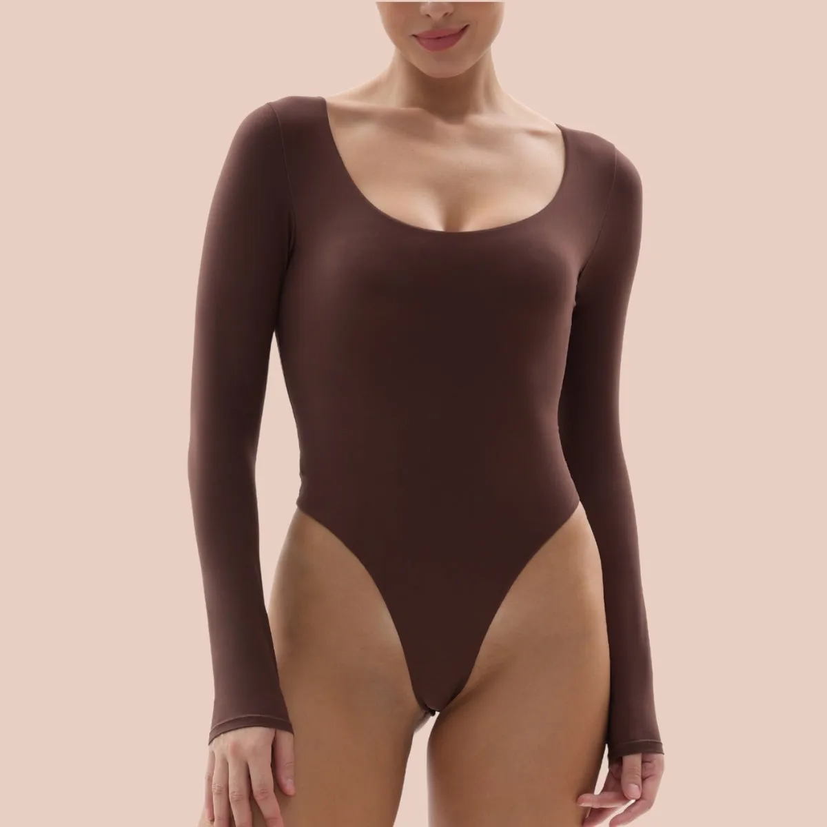 SHAPERX Long Sleeve Bodysuit Tops Scoop Neck Thong Body suits