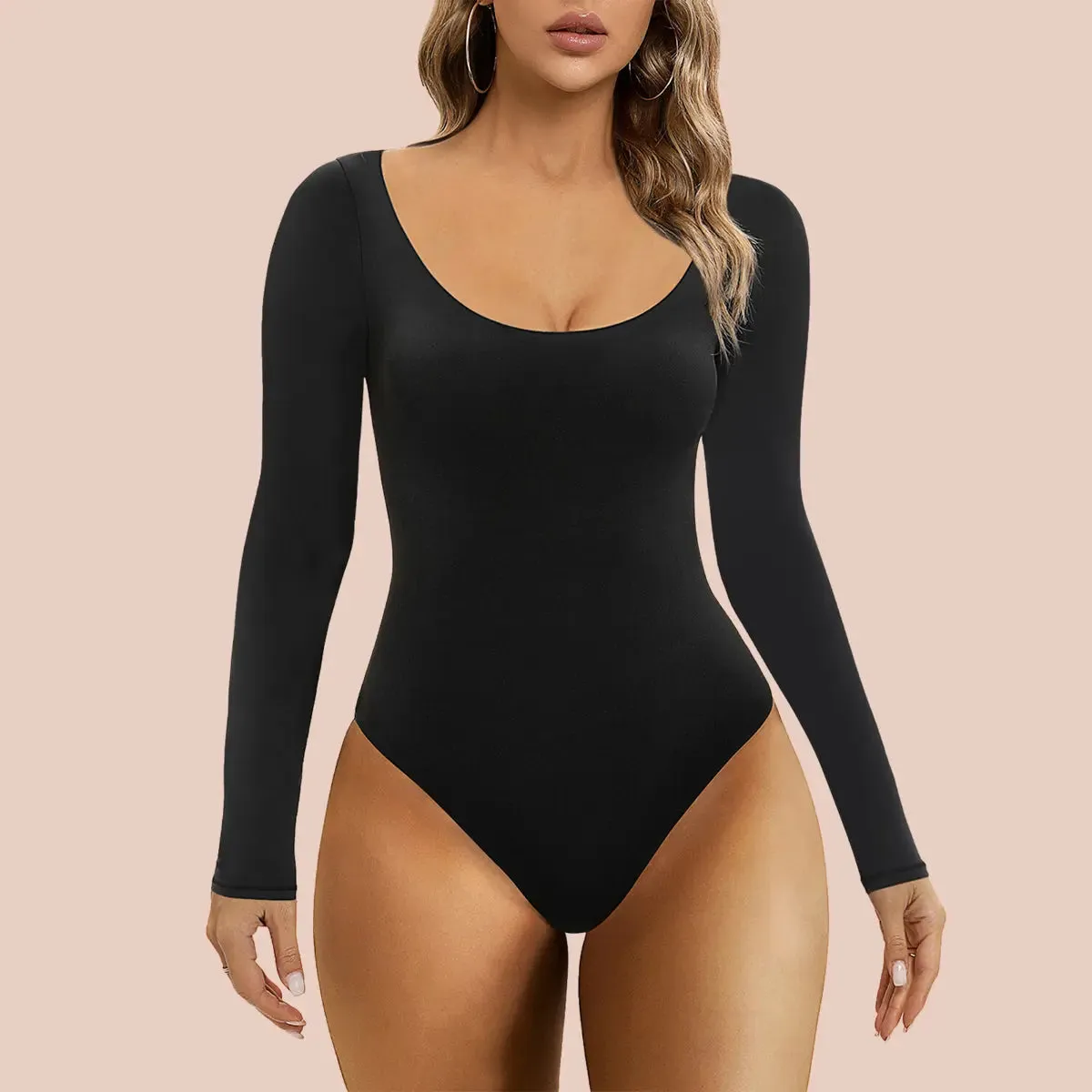 SHAPERX Long Sleeve Bodysuit Tops Scoop Neck Thong Body suits