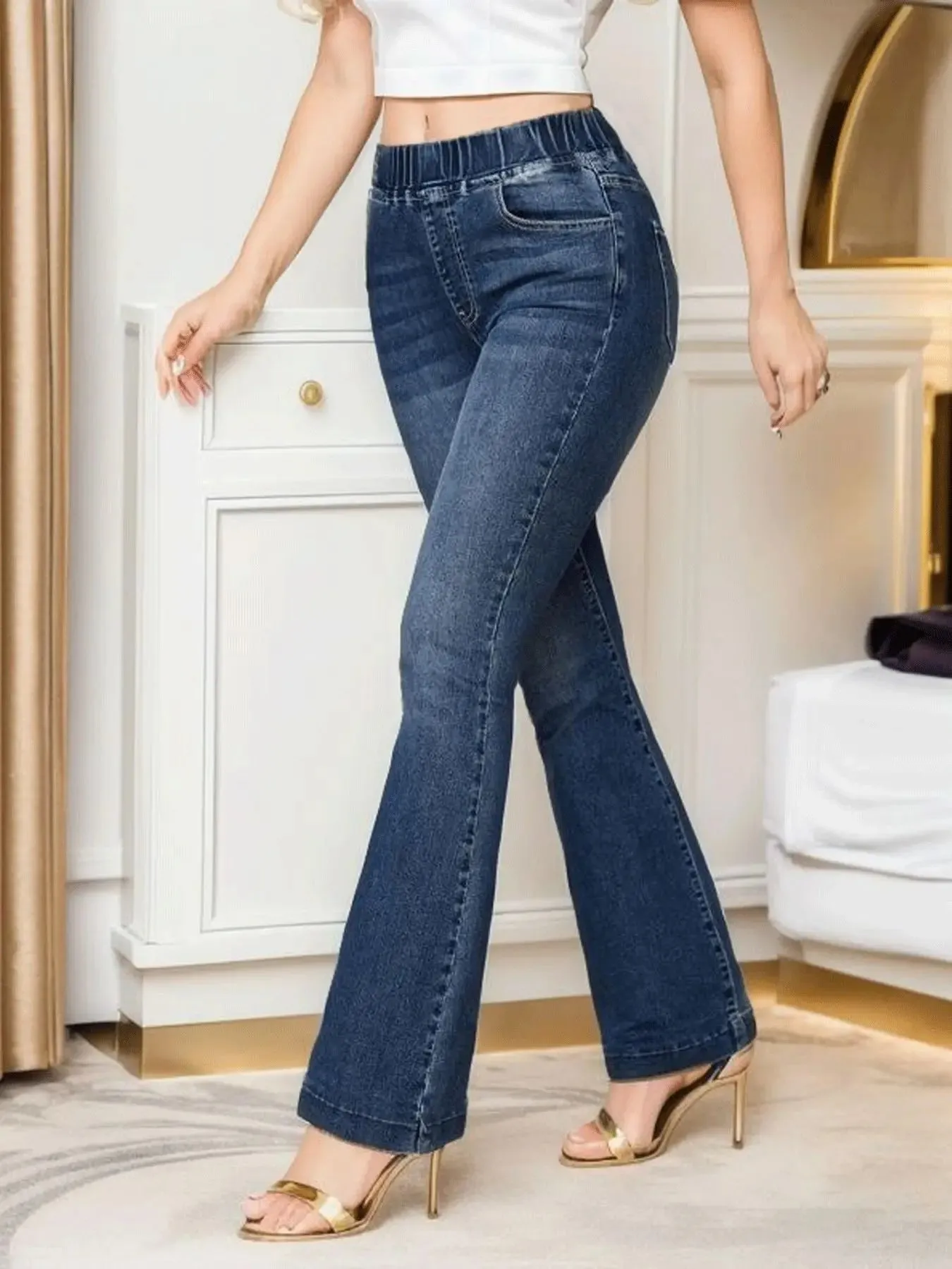 Spring 2024 New Fashion High Stretch Elastic Waist Boot Cut Jeans Slim Fit Hip Lift Denim Flared Pants Casual Skinny Trousers