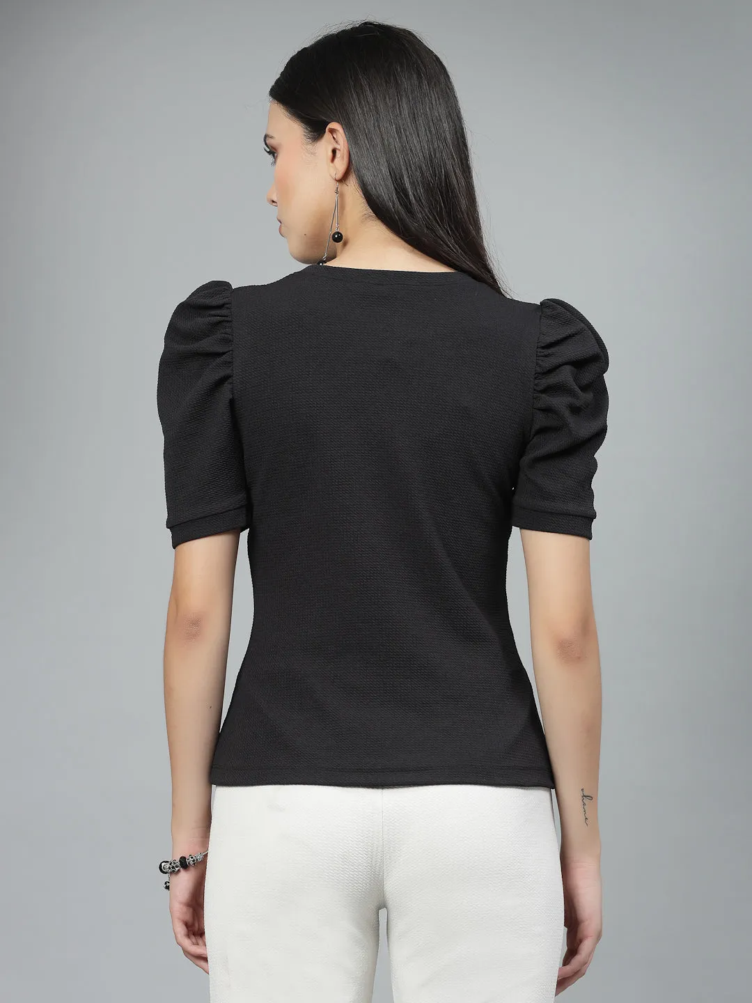 Style Quotient Women Black Poly Knit Smart Casual Top