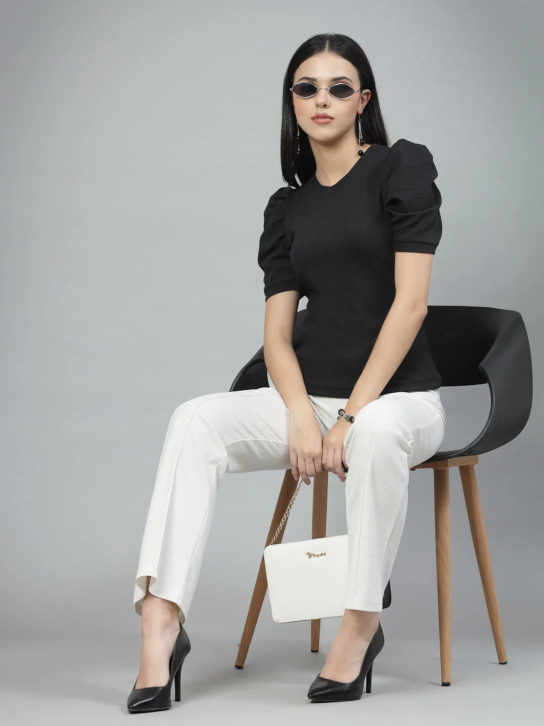 Style Quotient Women Black Poly Knit Smart Casual Top