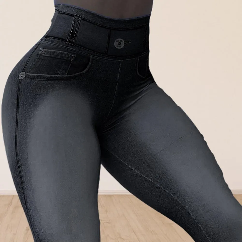 Stylish Sports Leggings High Waist Stretchy Moisture Wicking Push Up Imitation Jeans Skinny Women Yoga Pants