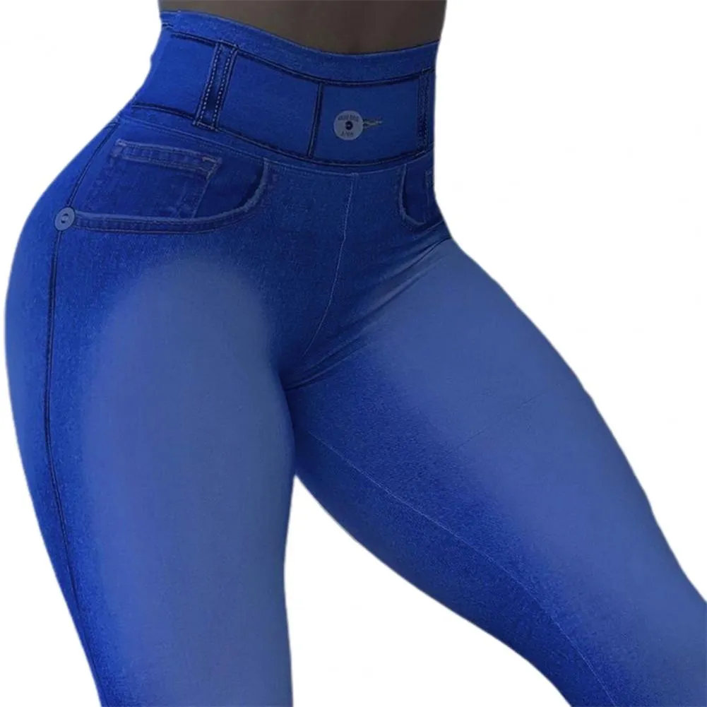 Stylish Sports Leggings High Waist Stretchy Moisture Wicking Push Up Imitation Jeans Skinny Women Yoga Pants