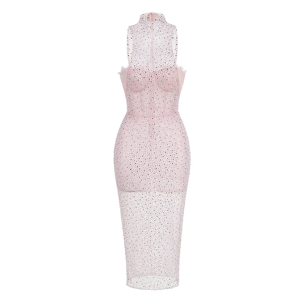 Sweet High Neck Bustier Sleeveless Sheer Rhinestone Mesh Midi Dress