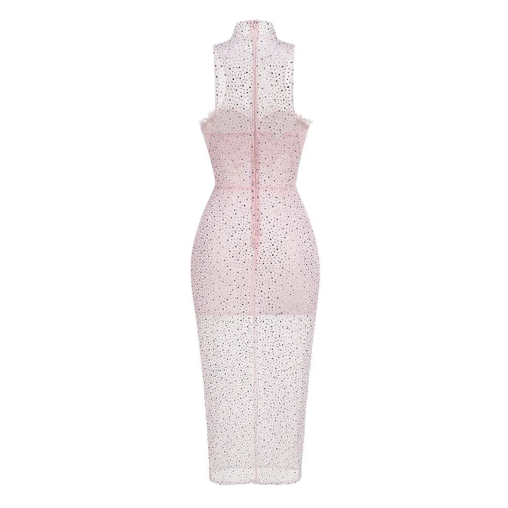 Sweet High Neck Bustier Sleeveless Sheer Rhinestone Mesh Midi Dress