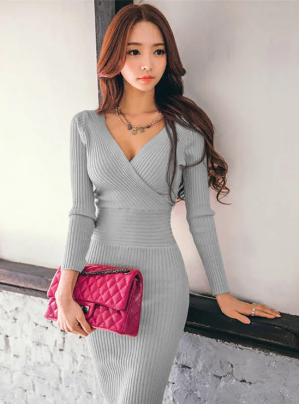 TastyHottie - Women Knitted Cotton Skinny Sweater Dress V-neck Slim Bodycon Dress