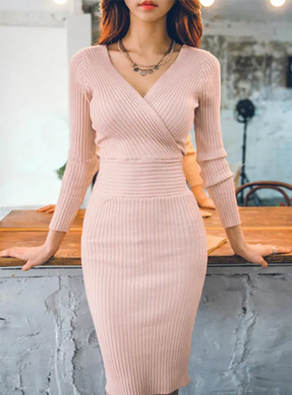 TastyHottie - Women Knitted Cotton Skinny Sweater Dress V-neck Slim Bodycon Dress