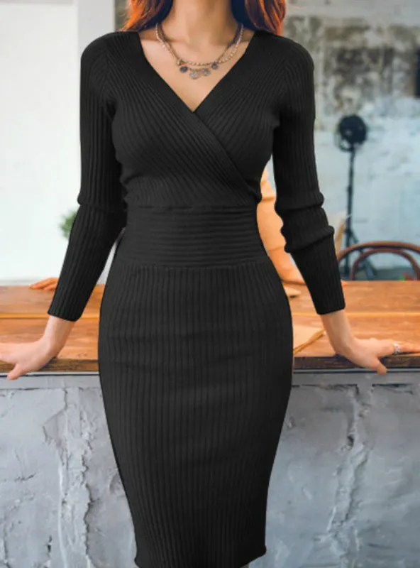 TastyHottie - Women Knitted Cotton Skinny Sweater Dress V-neck Slim Bodycon Dress