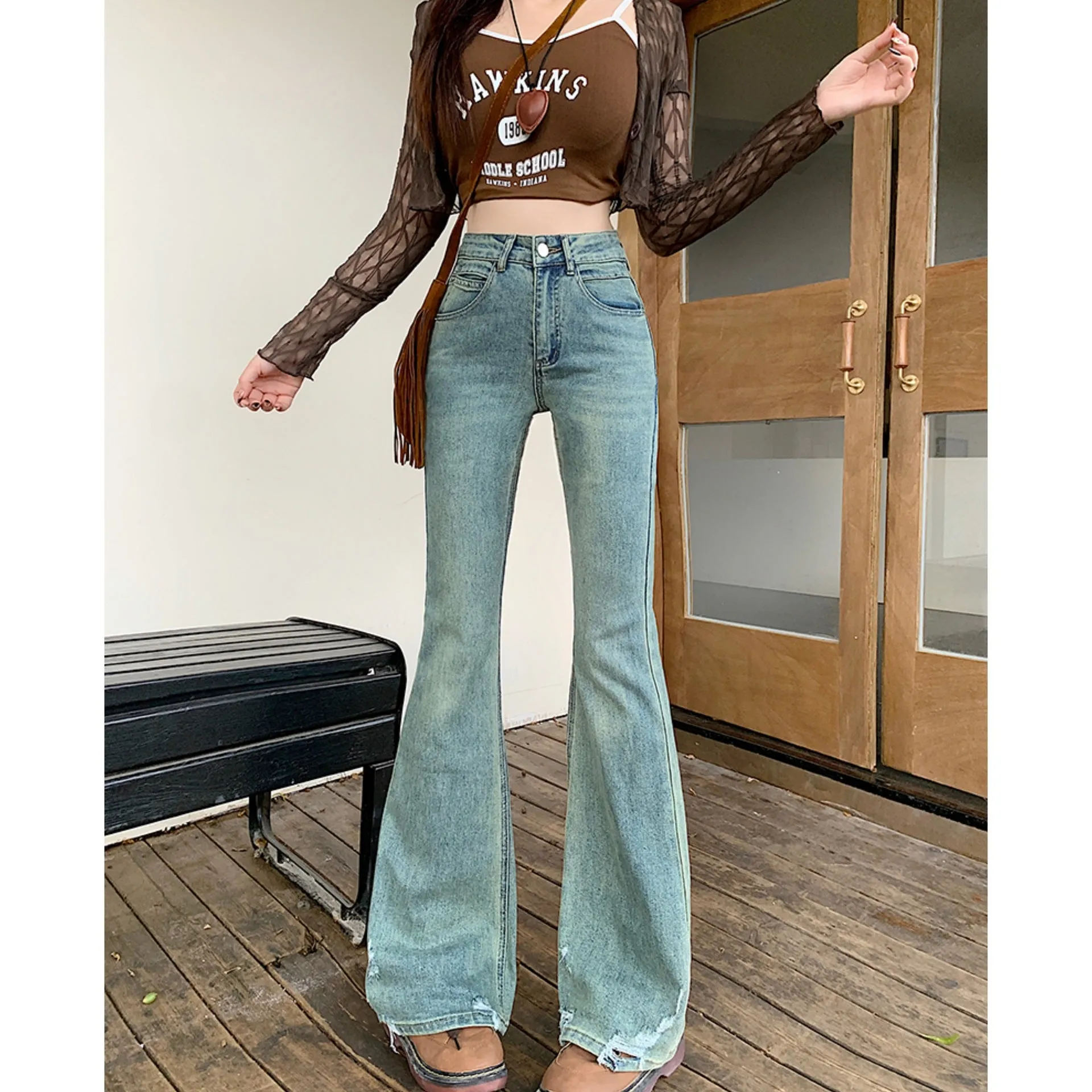 Toleet western outfits women Fall Women's Street Style plus Size Fall 2024 Denim Pants High Waist Slim Fit Flared Pants