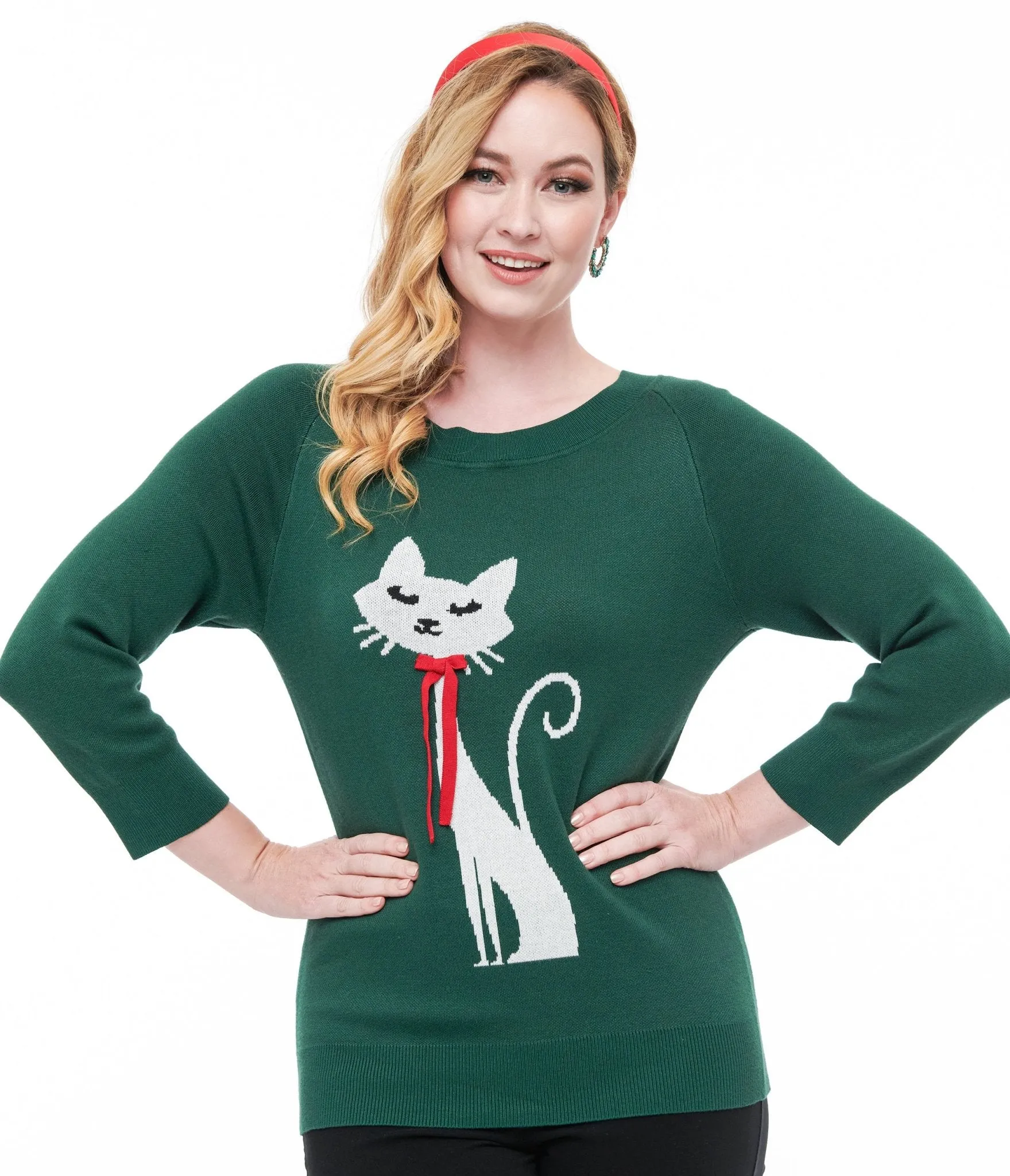 Unique Vintage 1960s Forest Green & Cream Cat Lorelai Sweater