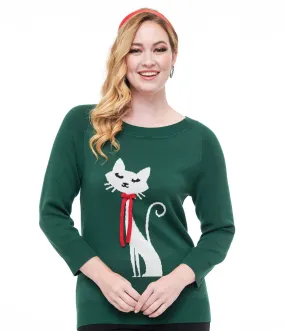 Unique Vintage 1960s Forest Green & Cream Cat Lorelai Sweater