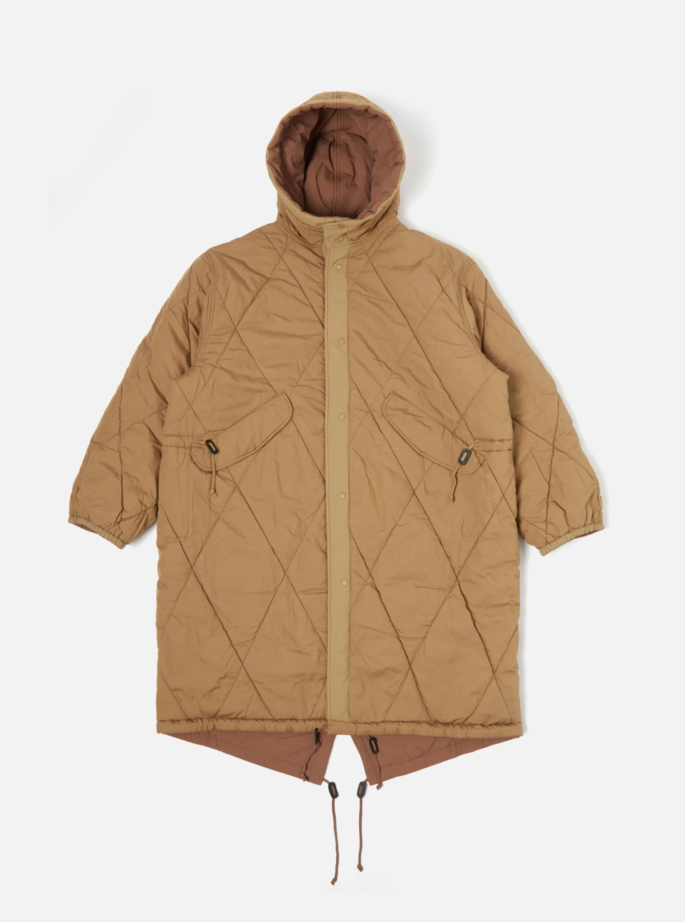 Universal Works Diamond Quilt Parka in Brown Recycled Nylon