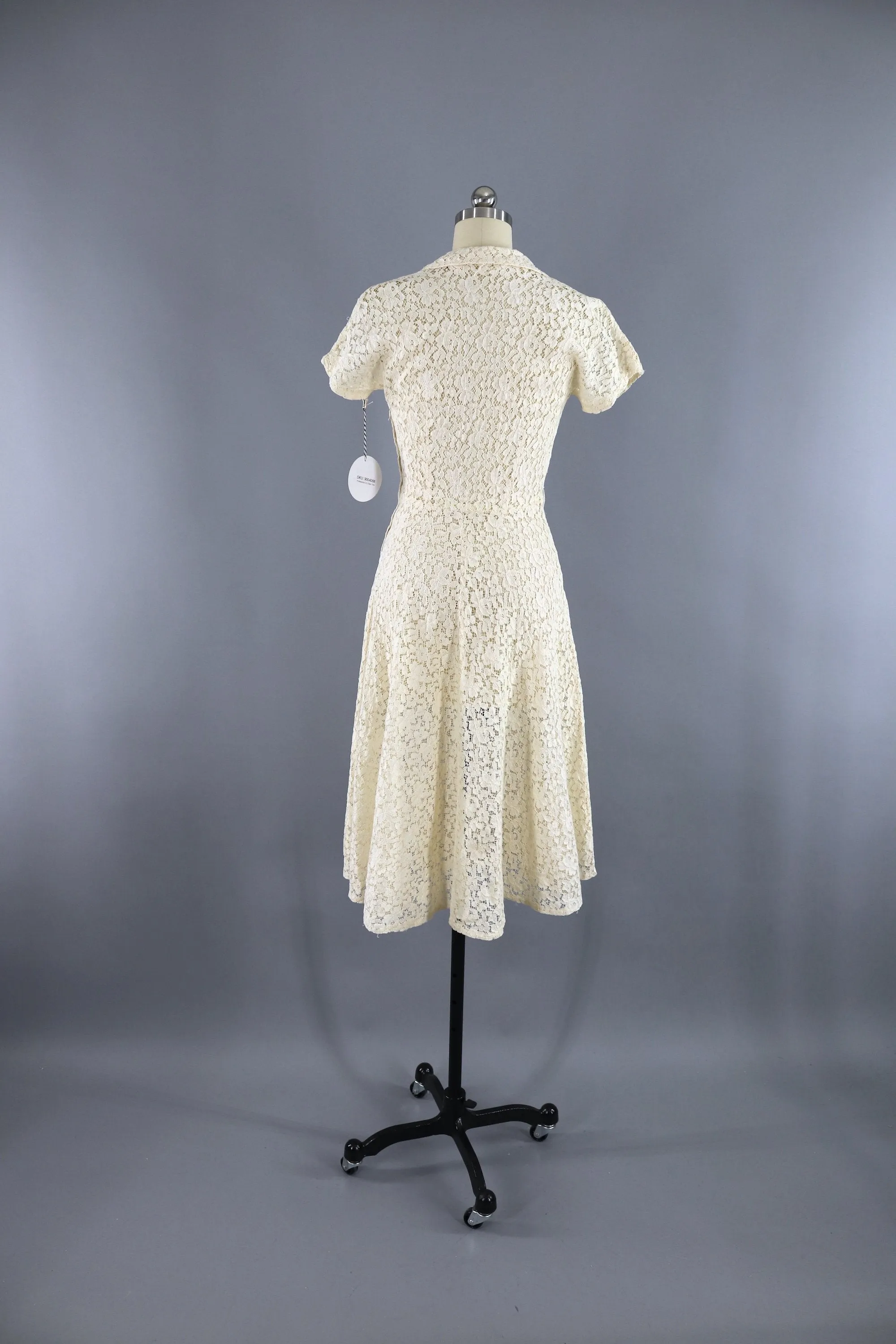 Vintage 1930s Ivory Lace bias Cut Dress with Rhinestone Flowers