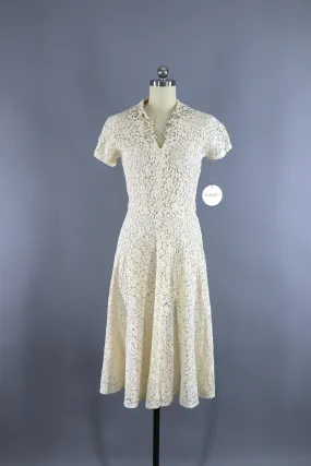 Vintage 1930s Ivory Lace bias Cut Dress with Rhinestone Flowers