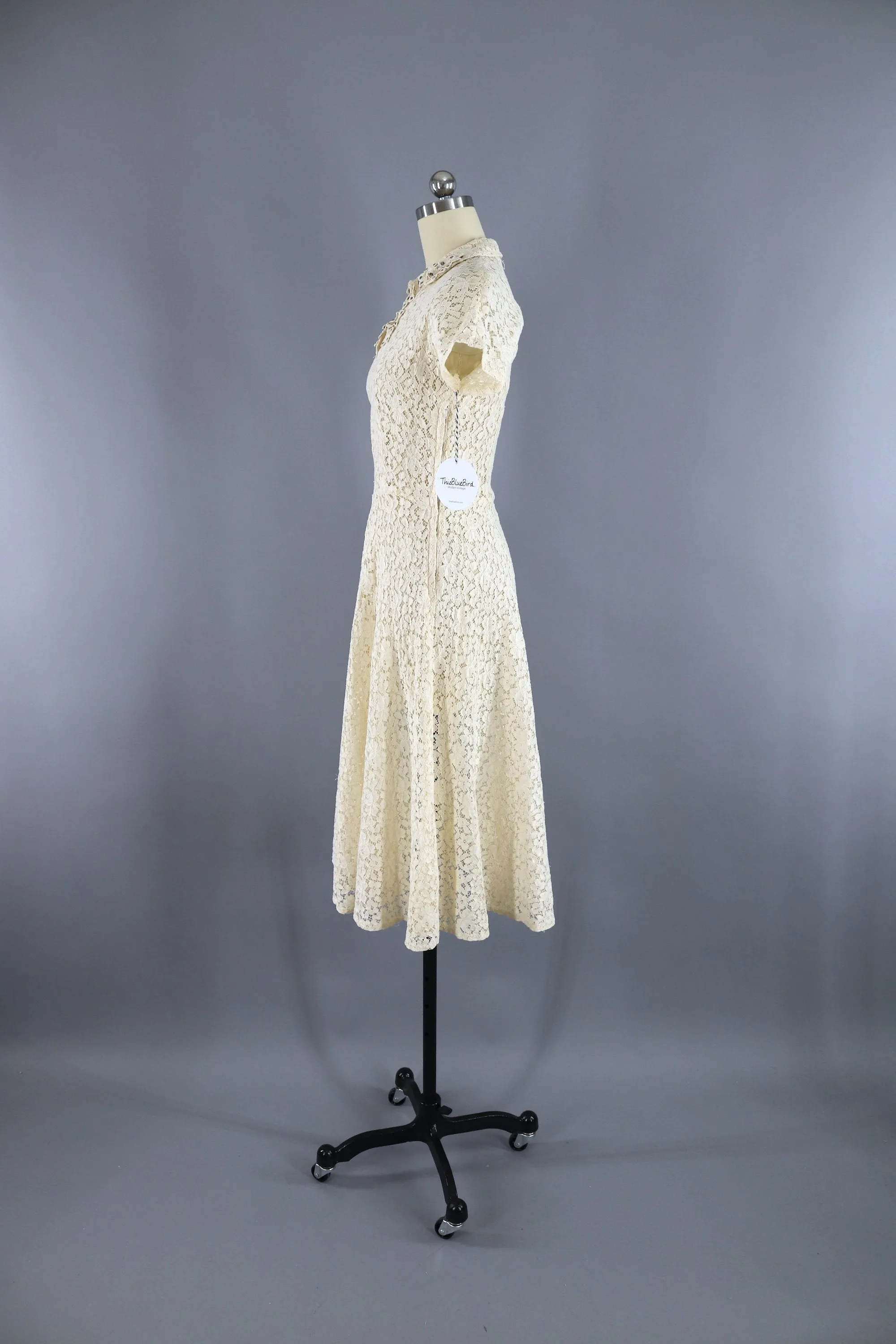 Vintage 1930s Ivory Lace bias Cut Dress with Rhinestone Flowers