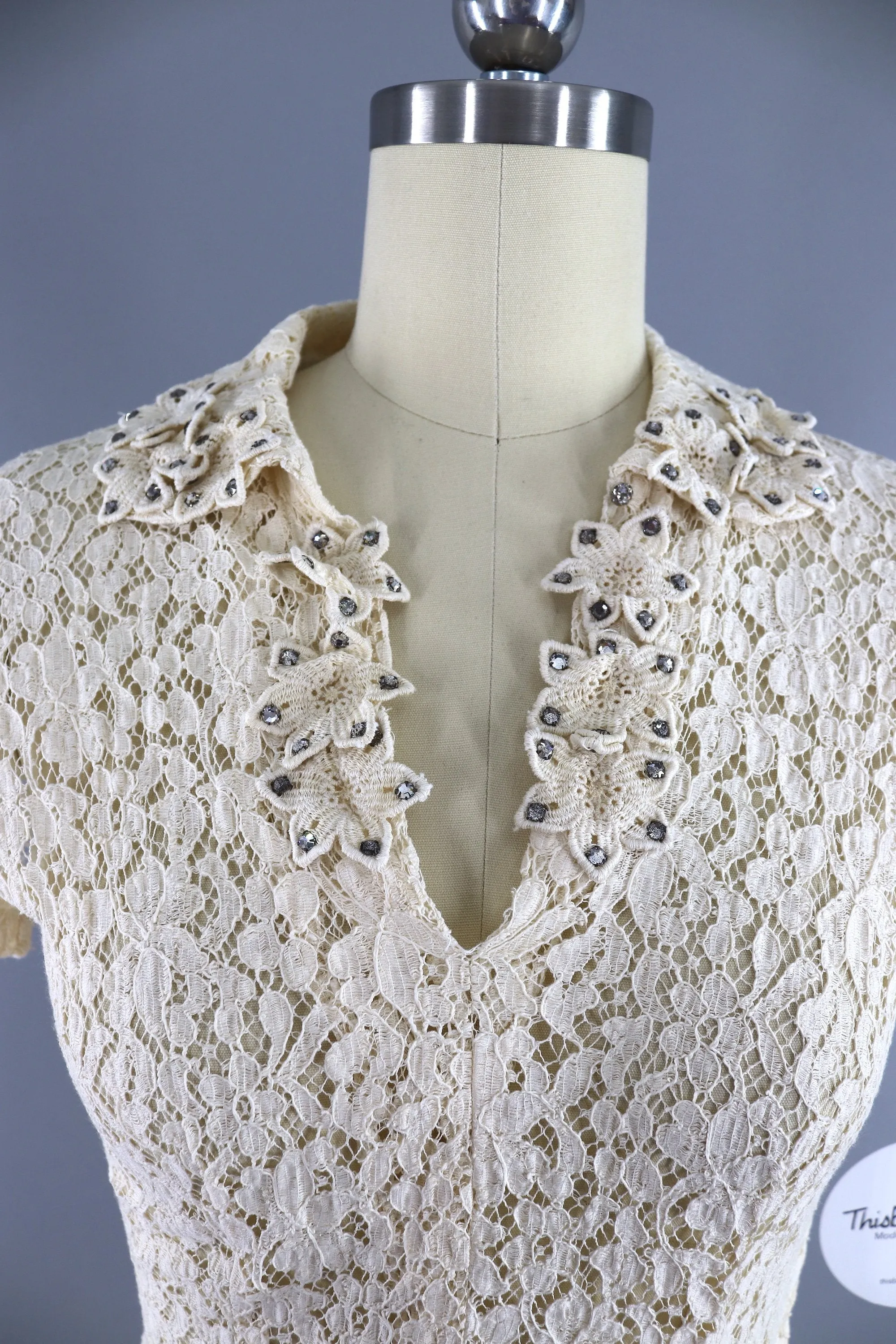 Vintage 1930s Ivory Lace bias Cut Dress with Rhinestone Flowers