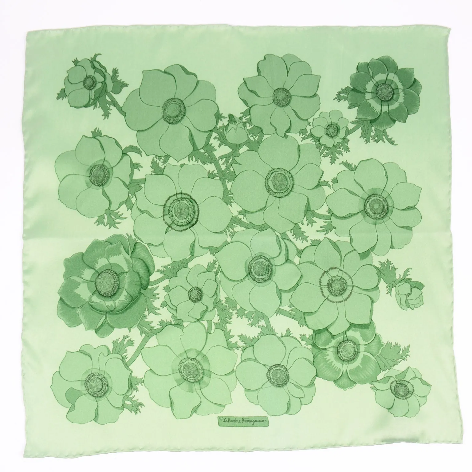 Vintage Salvatore Ferragamo Green Floral Silk Scarf