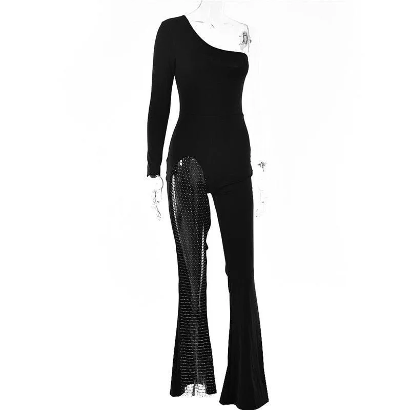 Vip Jumpsuits  Rhinestones Bodycon Flared Slim Fit High Waist One-piece Outfits