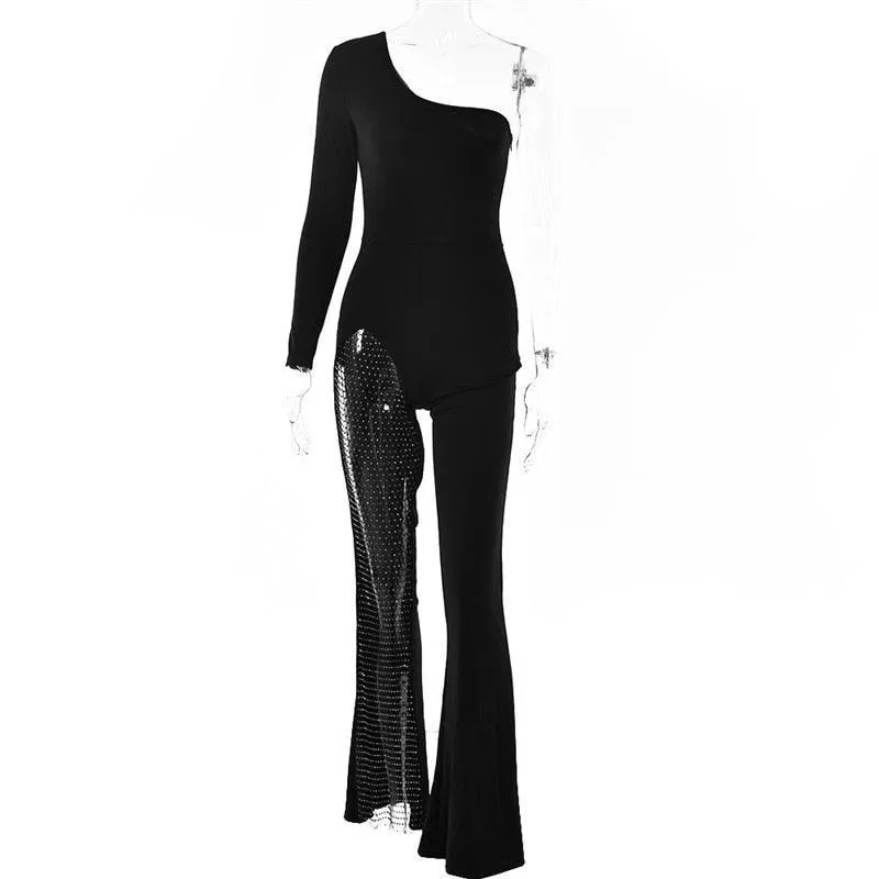 Vip Jumpsuits  Rhinestones Bodycon Flared Slim Fit High Waist One-piece Outfits