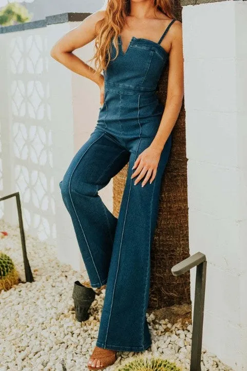 Waitlist 12/30 ♥ Savannah Sleeveless Wide Leg Denim Jumpsuit Dark Wash