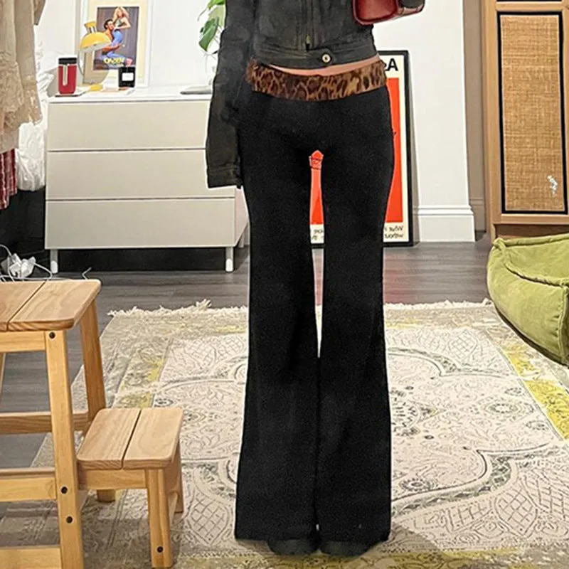 Wenkouban 2000s fashion American Street Cool Girl Style Personalized Leopard Print Stitching Waist Flared Pants Low Waist Slimming Woven Casual Trousers