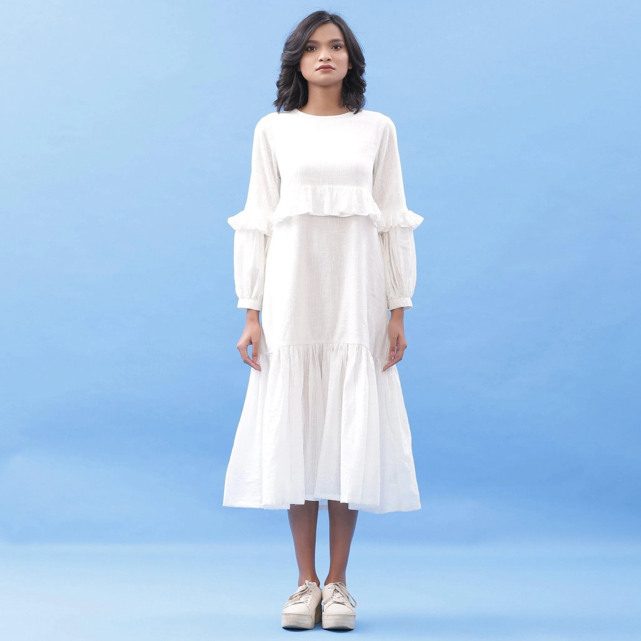 White Frilled 100% Cotton Bohemian Midi Dress