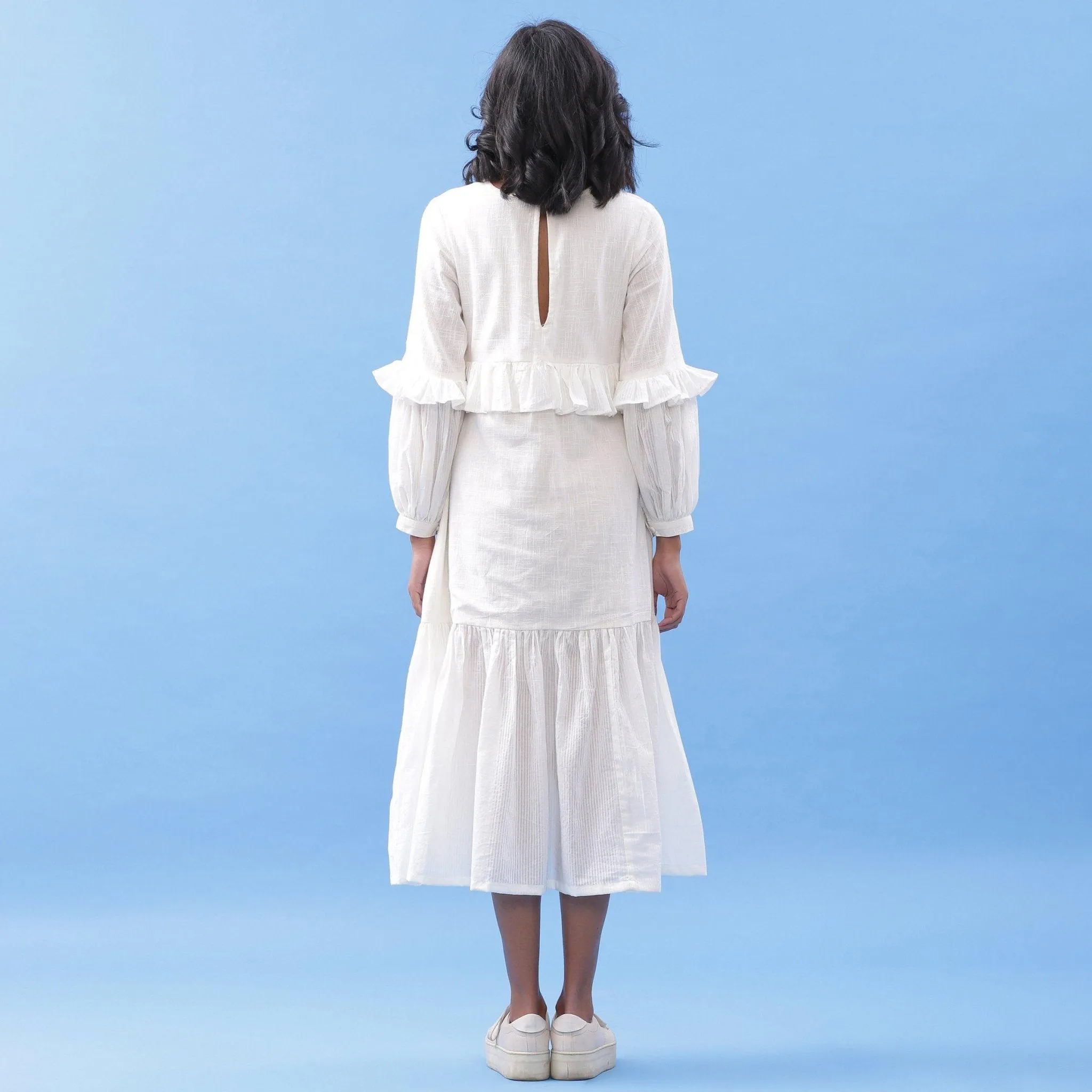 White Frilled 100% Cotton Bohemian Midi Dress