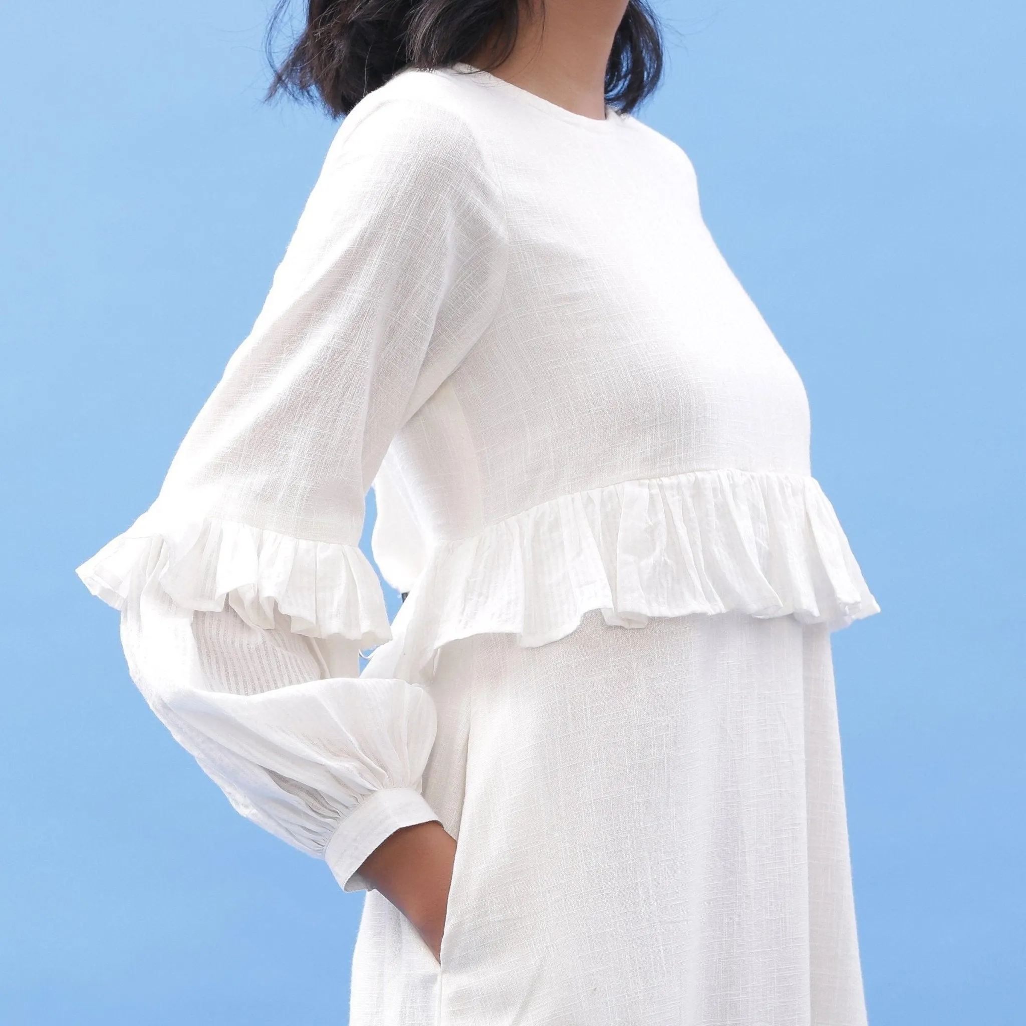 White Frilled 100% Cotton Bohemian Midi Dress