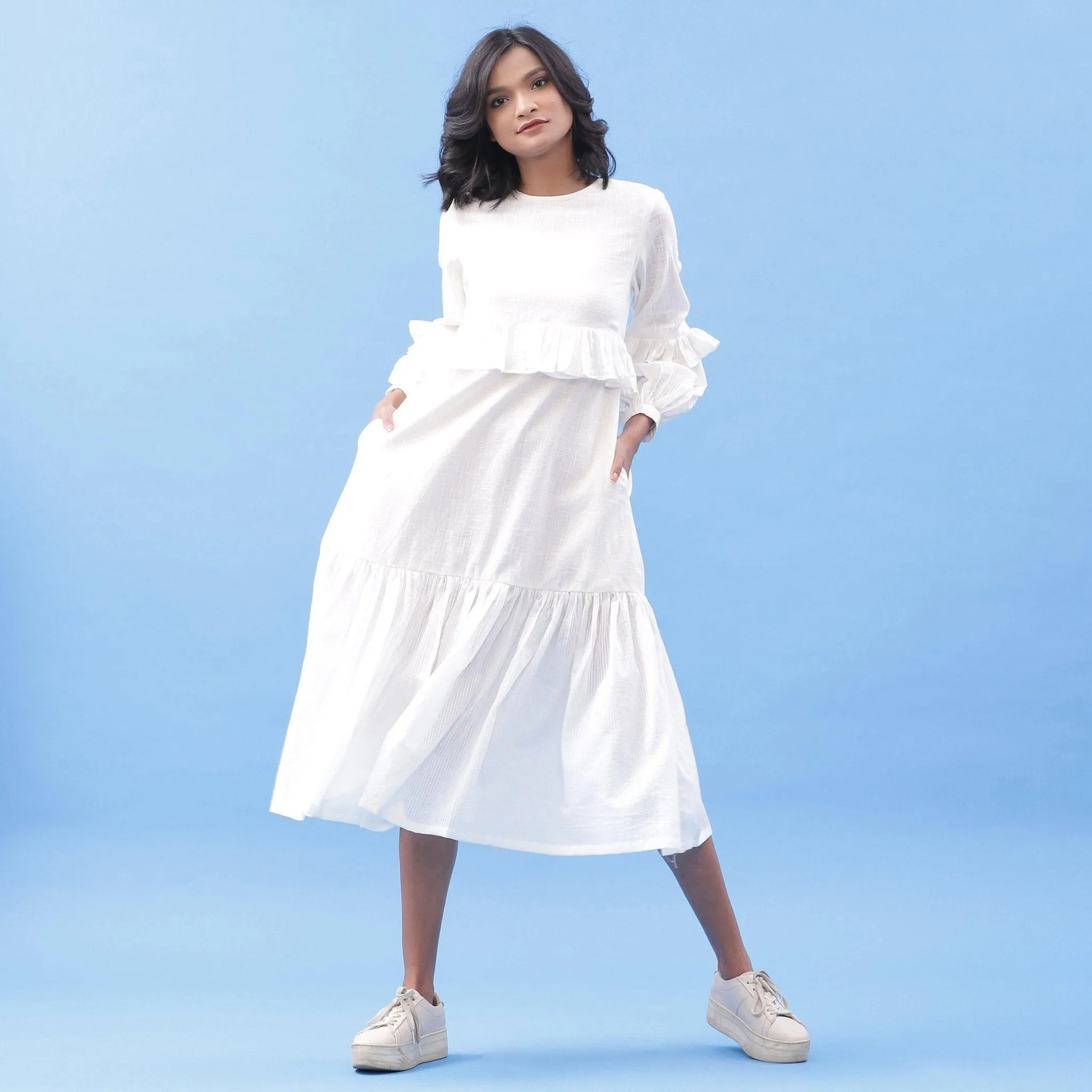 White Frilled 100% Cotton Bohemian Midi Dress