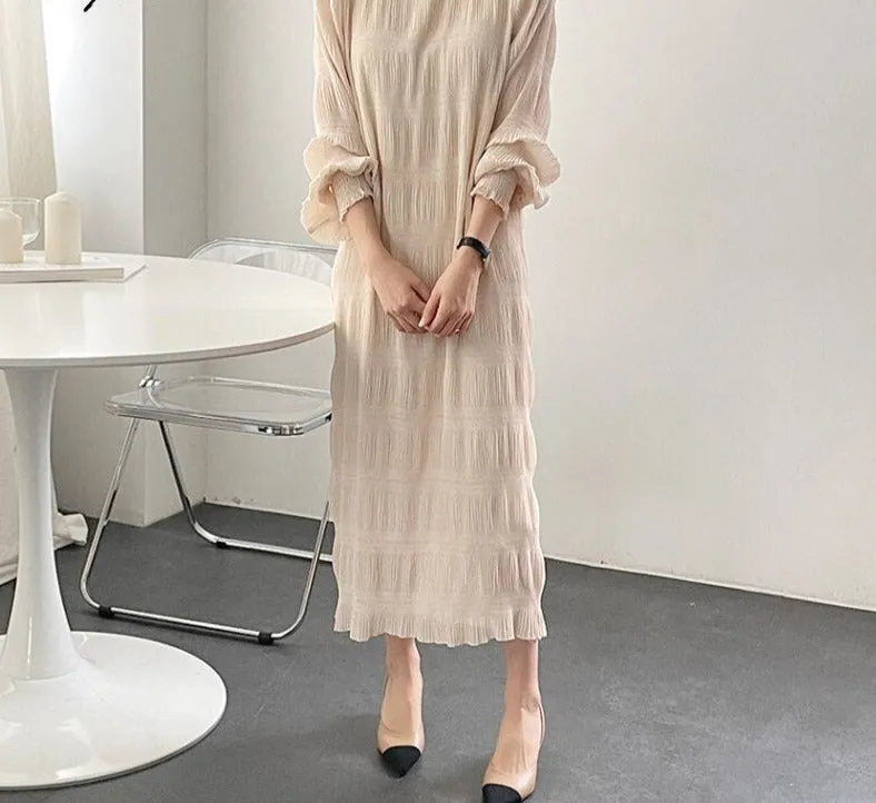 Wjczt Elegant Chiffon Dress Women Summer Casual Simple Loose Dereees Female Korean Solid Lantern Sleeve Holiday Dress