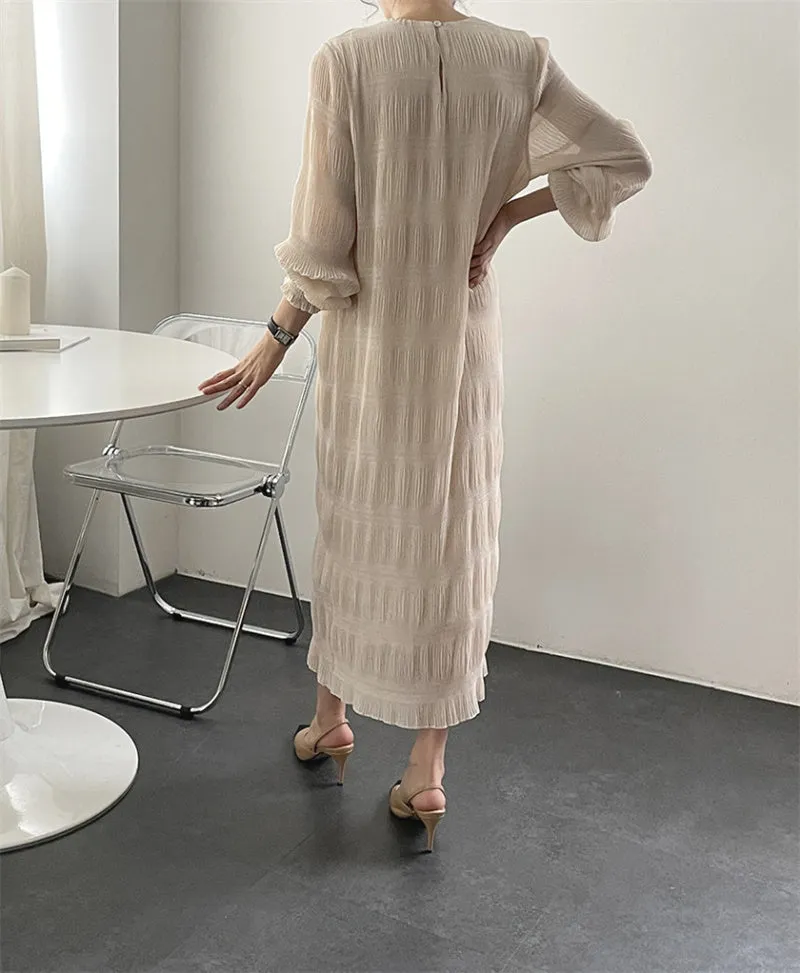 Wjczt Elegant Chiffon Dress Women Summer Casual Simple Loose Dereees Female Korean Solid Lantern Sleeve Holiday Dress