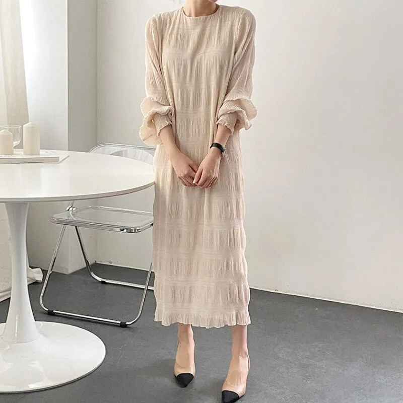 Wjczt Elegant Chiffon Dress Women Summer Casual Simple Loose Dereees Female Korean Solid Lantern Sleeve Holiday Dress