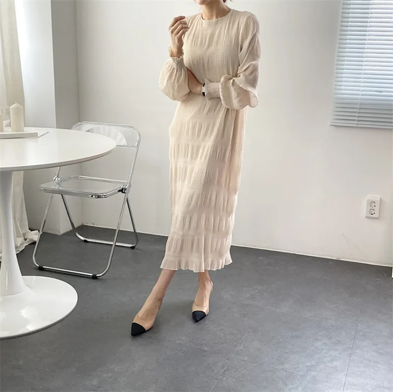 Wjczt Elegant Chiffon Dress Women Summer Casual Simple Loose Dereees Female Korean Solid Lantern Sleeve Holiday Dress