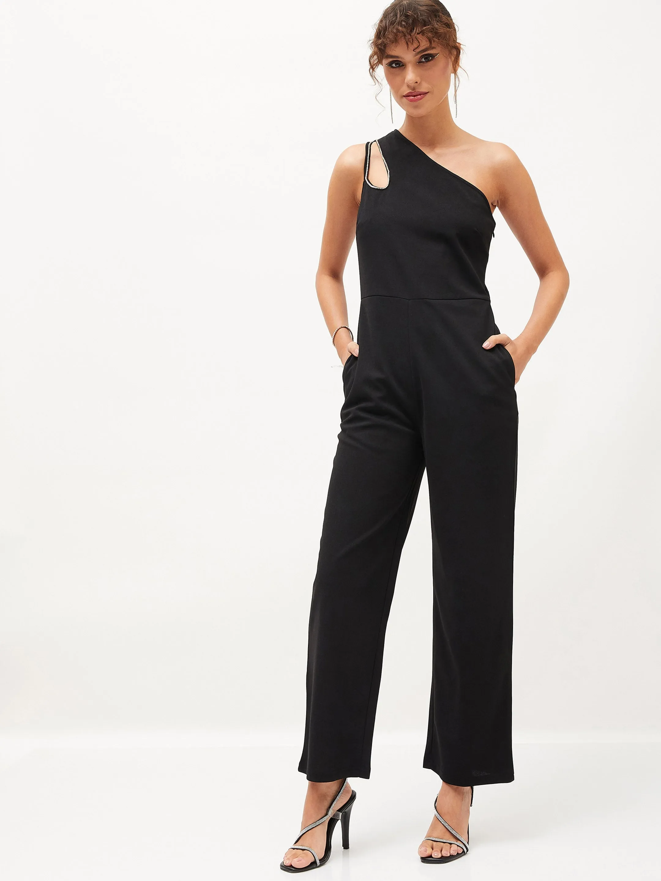 Women Black Diamante One Shoulder Jumpsuit