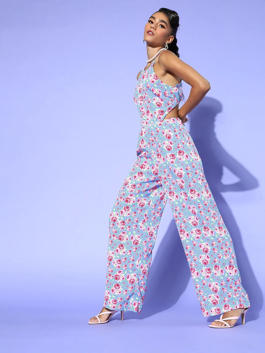 Women Blue Floral Back Cut Out Jumpsuit