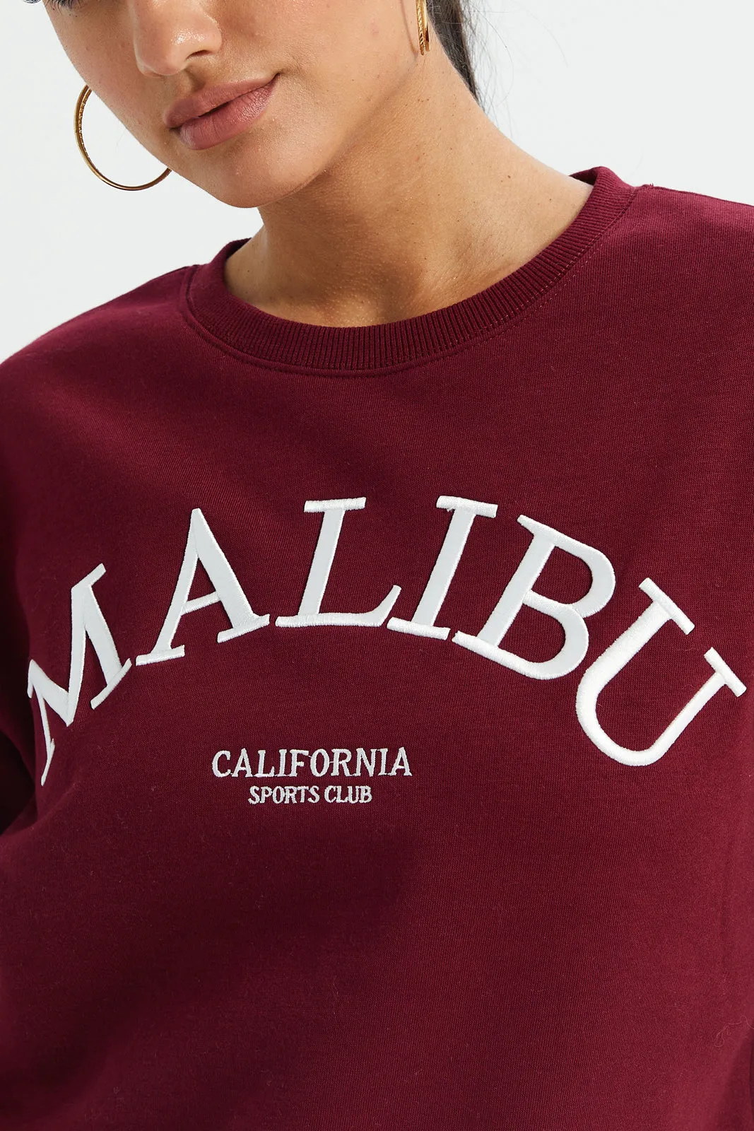 Women Burgundy Embroidered Sweatshirt