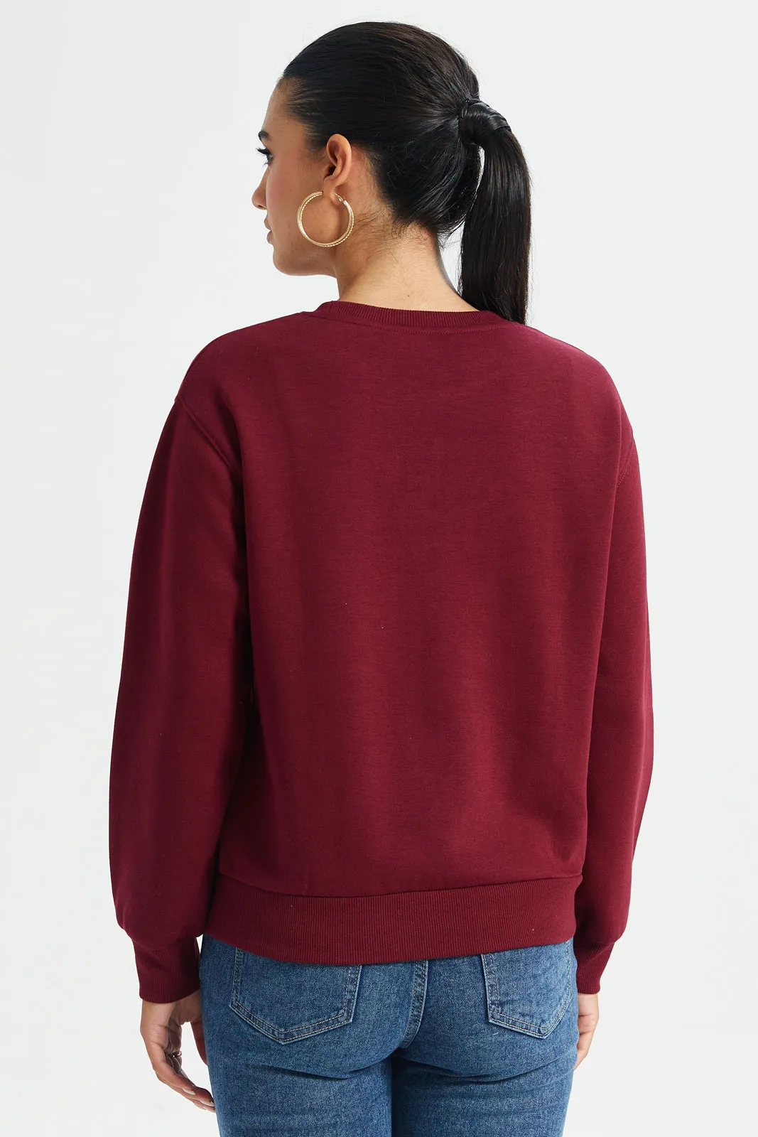 Women Burgundy Embroidered Sweatshirt