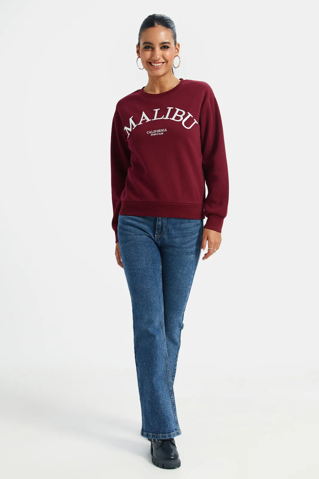 Women Burgundy Embroidered Sweatshirt