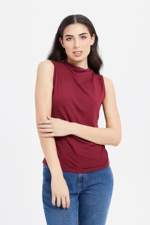 Women Burgundy Gathered High Neck Top