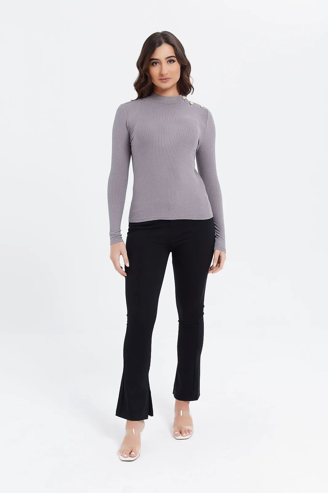 Women Charcoal Ribbed Top