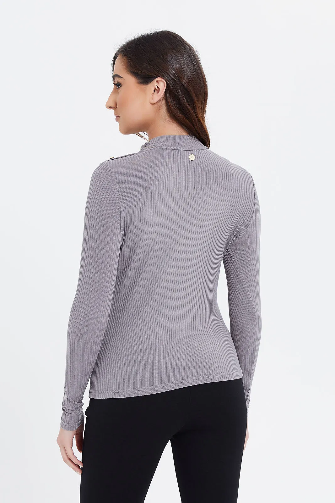 Women Charcoal Ribbed Top