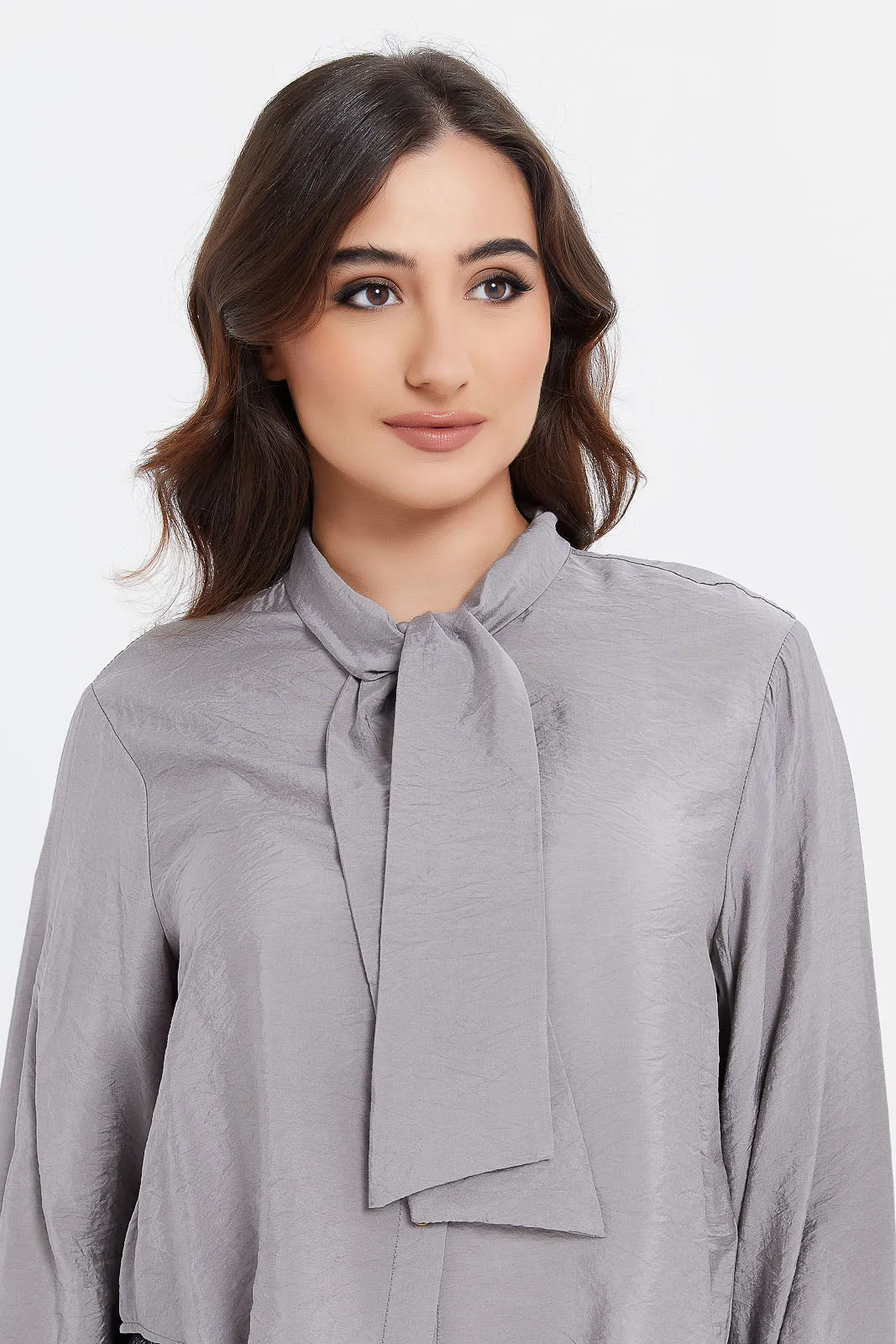 Women Charcoal Tie Neck Top