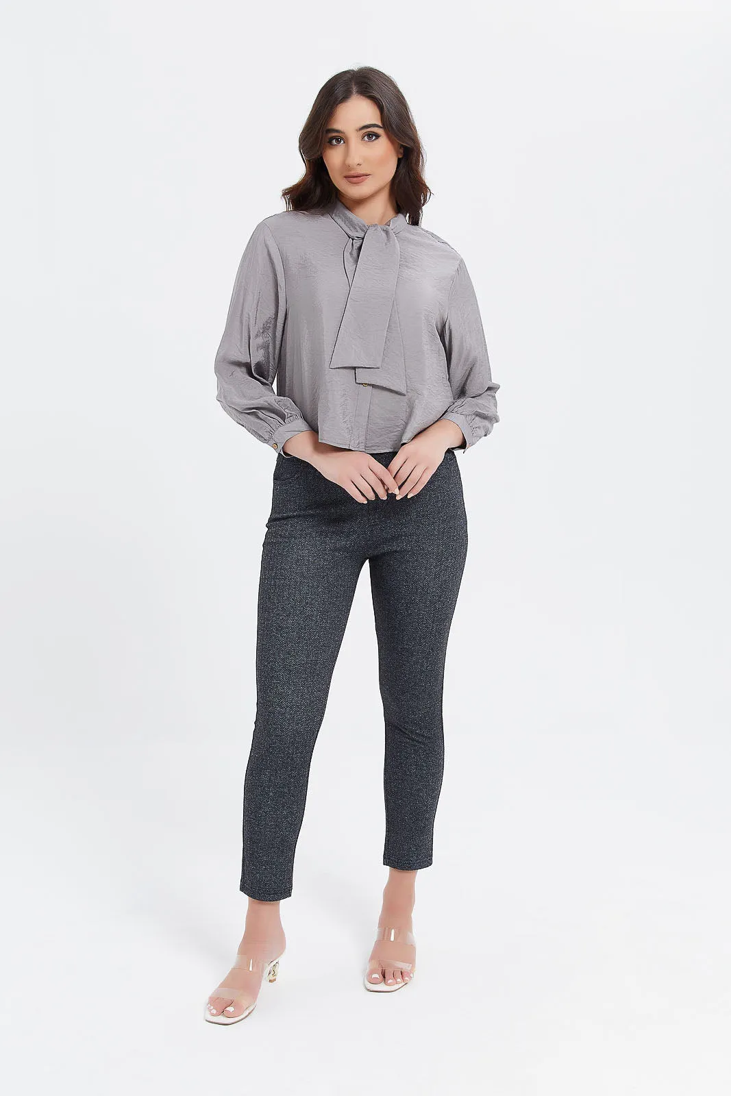 Women Charcoal Tie Neck Top