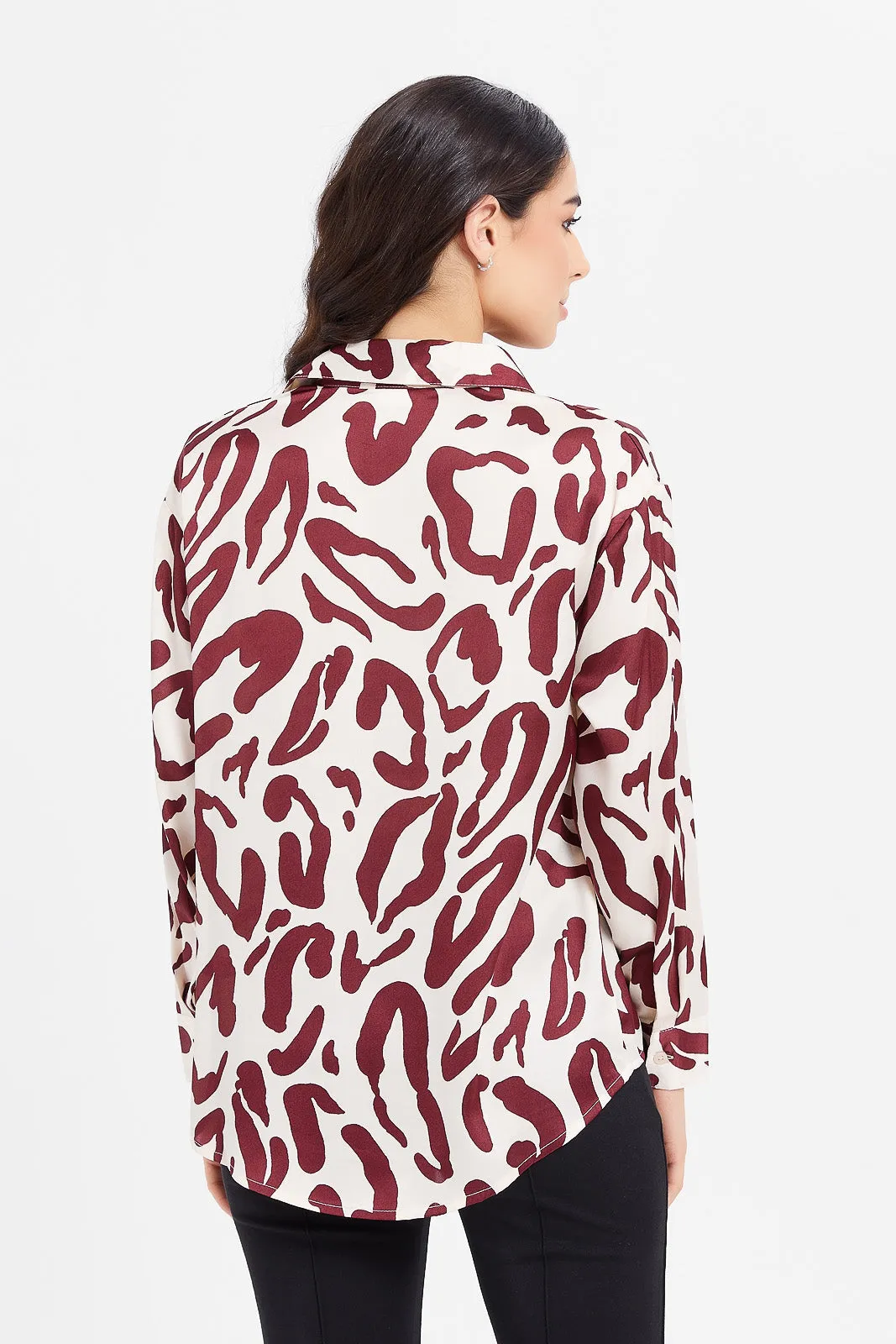 Women Cream And Brown Printed Satin Shirt