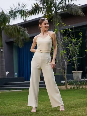 Women Cream Strappy V Neck Jumpsuit