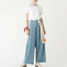 Women Light Blue Cotton Jeans With Wide Legs