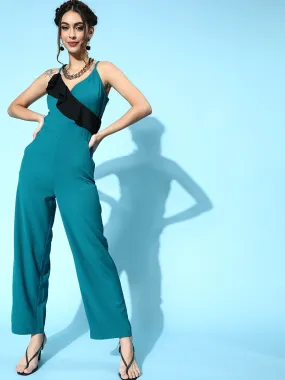 Women Teal Contrast Frill Jumpsuit