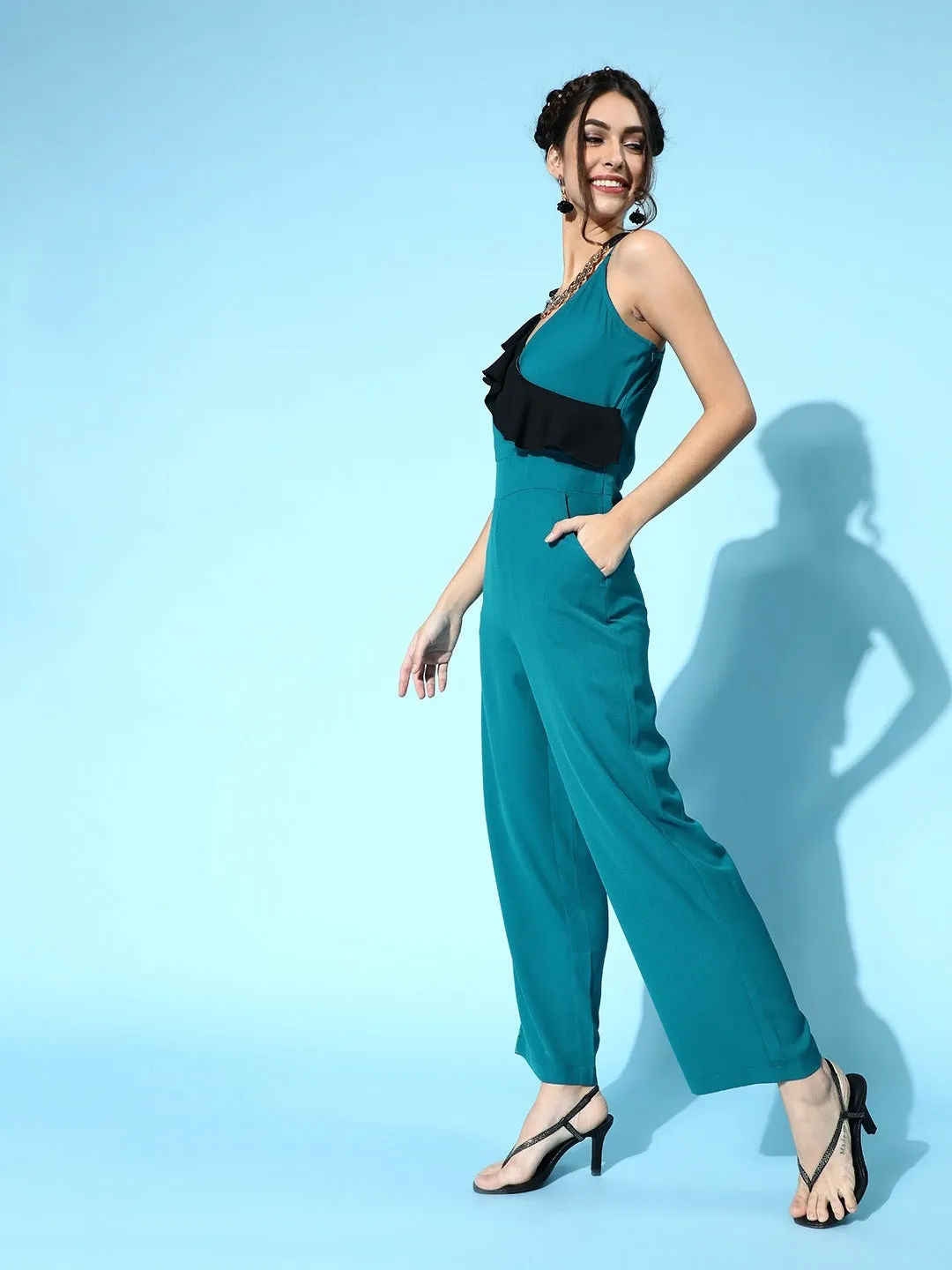 Women Teal Contrast Frill Jumpsuit