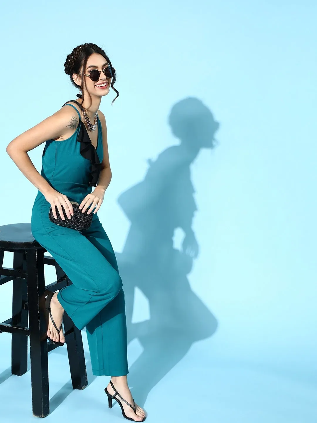 Women Teal Contrast Frill Jumpsuit