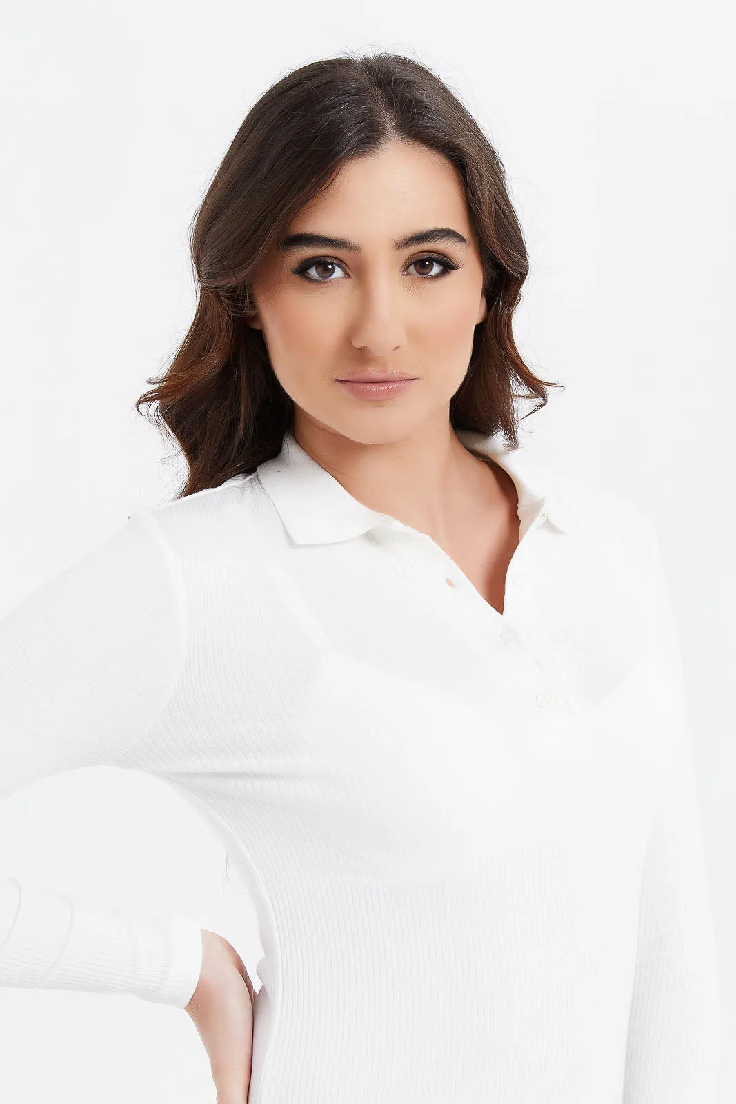 Women White Ribbed Polo Shirt